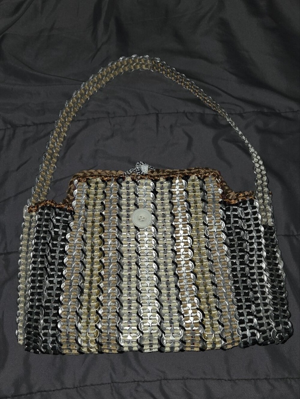 Handmade Metallic Silver & Gold Pop-Tab Shoulder Bag with Button Closure